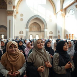 A serene mosque interior filled with young women in hijabs joyfully participating in a group prayer