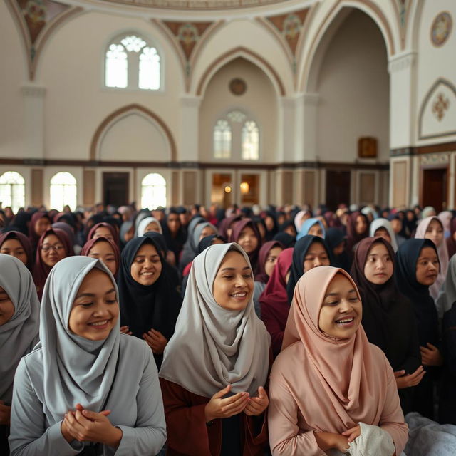 A serene mosque interior filled with young women in hijabs joyfully participating in a group prayer