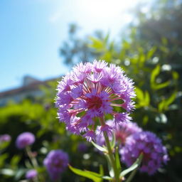 A stunning, vibrant depiction of a purple mimosa flower in full bloom