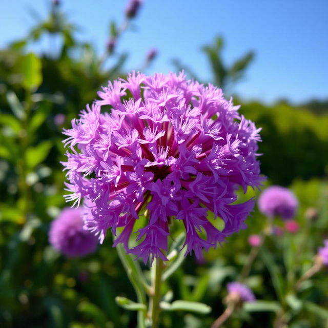 A stunning, vibrant depiction of a purple mimosa flower in full bloom