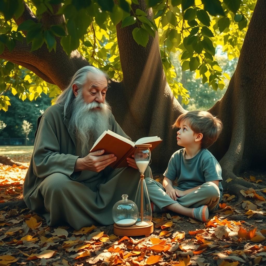 An old man with a long gray beard sitting under a large, leafy tree, sharing stories with a young boy who is sitting cross-legged next to him