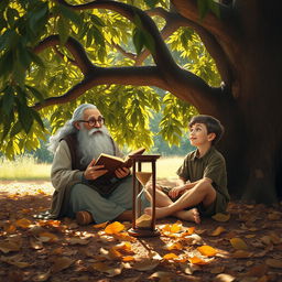 An old man with a long gray beard sitting under a large, leafy tree, sharing stories with a young boy who is sitting cross-legged next to him