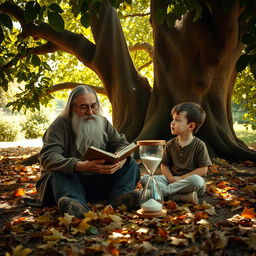 An old man with a long gray beard sitting under a large, leafy tree, sharing stories with a young boy who is sitting cross-legged next to him