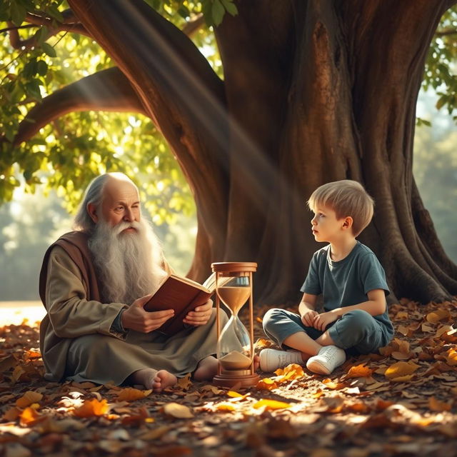 An old man with a long gray beard sitting under a large, leafy tree, sharing stories with a young boy who is sitting cross-legged next to him