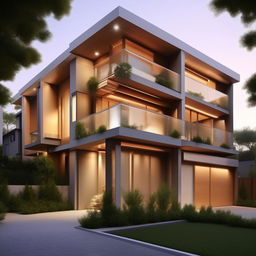 Design a beautiful three-story building on a 100ft x 30ft plot. Features include a garage on the right side of the building with a staircase inside, all using modern architectural style.