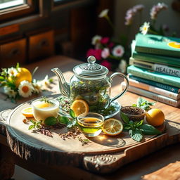 A peaceful and serene scene showcasing the health benefits of tea and herbal infusions