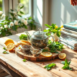 A peaceful and serene scene showcasing the health benefits of tea and herbal infusions