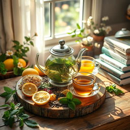 A peaceful and serene scene showcasing the health benefits of tea and herbal infusions