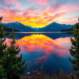 A stunning landscape photo showcasing a vivid sunset over a serene lake, with clear reflections of the vibrant orange, pink, and purple hues in the water