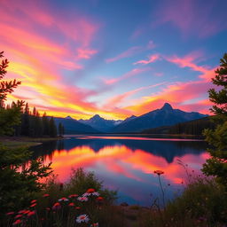 A stunning landscape photo showcasing a vivid sunset over a serene lake, with clear reflections of the vibrant orange, pink, and purple hues in the water