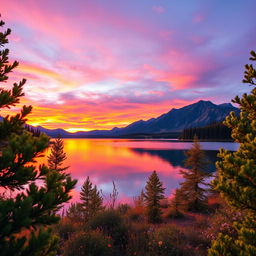 A stunning landscape photo showcasing a vivid sunset over a serene lake, with clear reflections of the vibrant orange, pink, and purple hues in the water