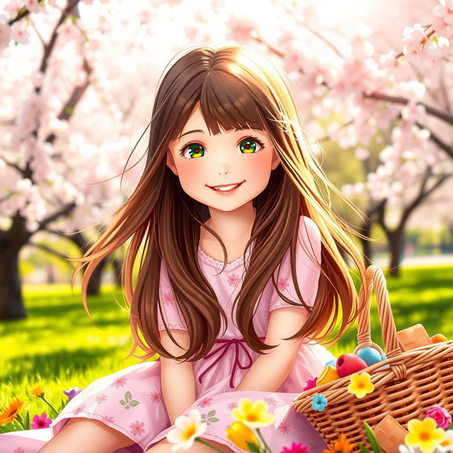 A cute girl with long, flowing brown hair wearing a pastel pink dress adorned with floral patterns