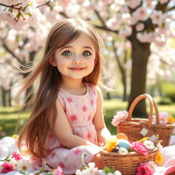 A cute girl with long, flowing brown hair wearing a pastel pink dress adorned with floral patterns