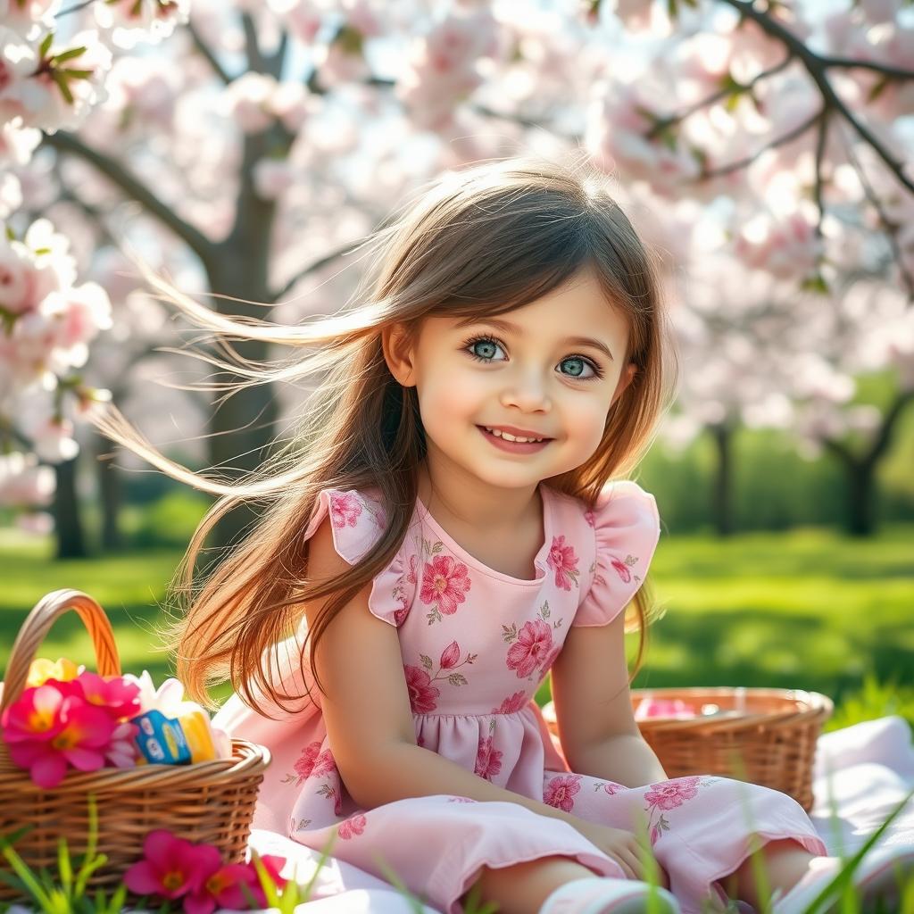 A cute girl with long, flowing brown hair wearing a pastel pink dress adorned with floral patterns