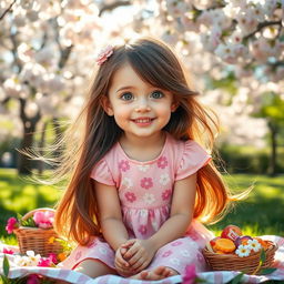 A cute girl with long, flowing brown hair wearing a pastel pink dress adorned with floral patterns