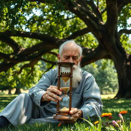 An elderly man sitting peacefully under a sprawling tree, deeply focused on an ornate hourglass in his hands