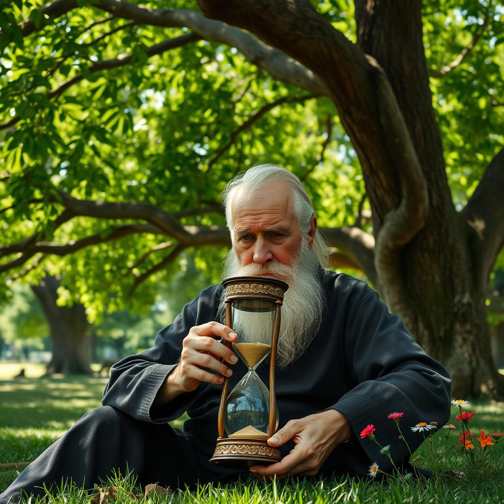 An elderly man sitting peacefully under a sprawling tree, deeply focused on an ornate hourglass in his hands