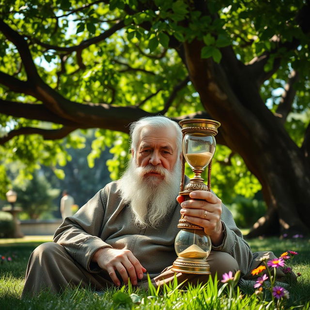 An elderly man sitting peacefully under a sprawling tree, deeply focused on an ornate hourglass in his hands