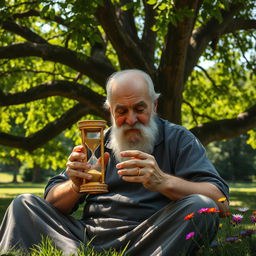 An elderly man sitting peacefully under a sprawling tree, deeply focused on an ornate hourglass in his hands