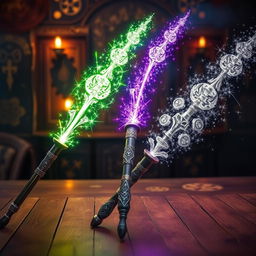 Three magical wands placed on a mystical wooden table