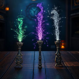 Three magical wands placed on a mystical wooden table