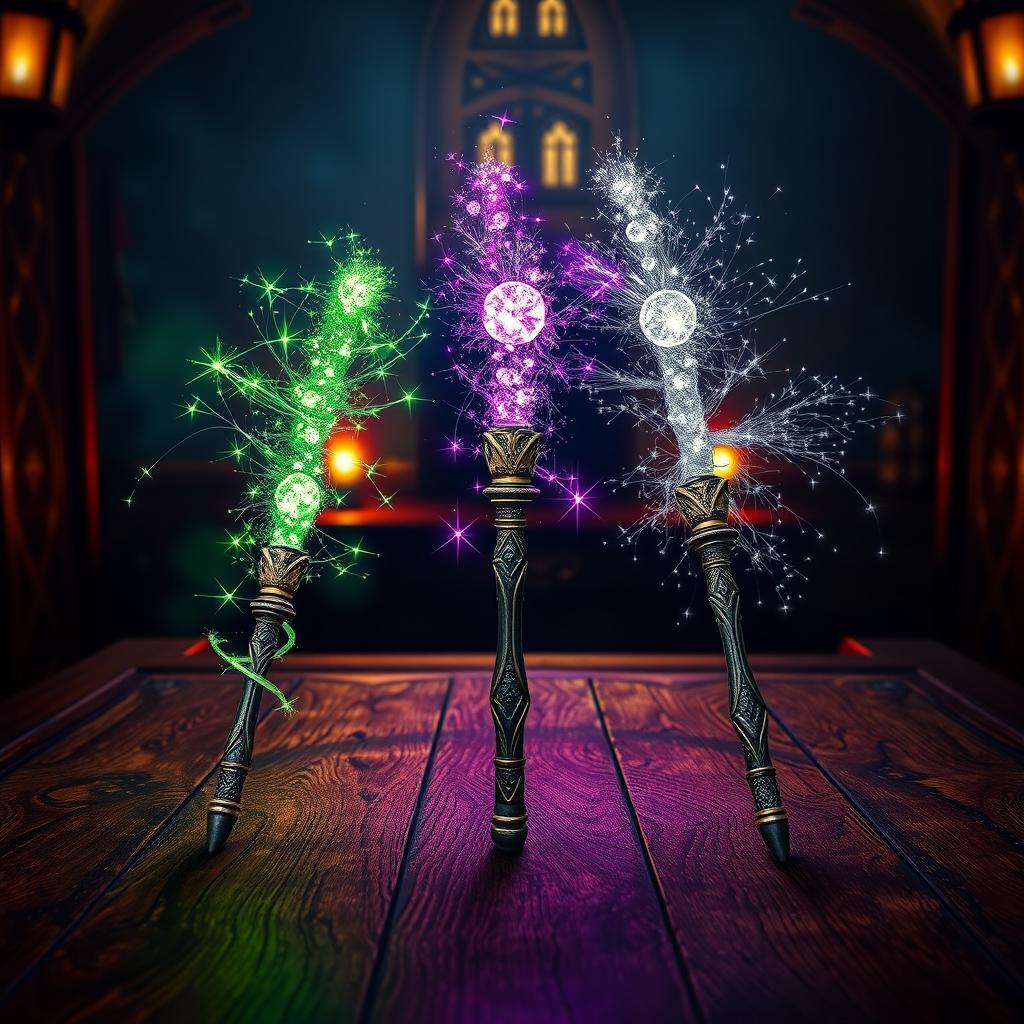 Three magical wands placed on a mystical wooden table