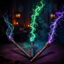 Three magical wands placed on a mystical wooden table