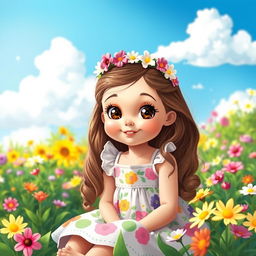 A cute girl with big expressive eyes, wearing a colorful sundress adorned with floral patterns, sitting in a sunlit garden filled with blooming flowers