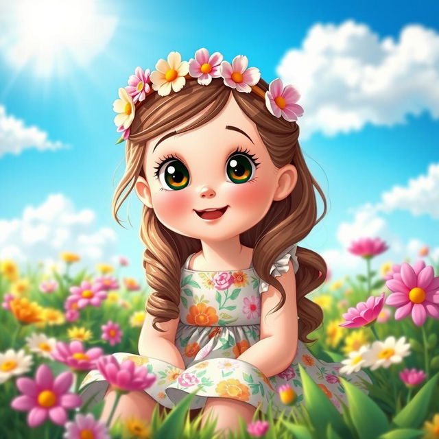 A cute girl with big expressive eyes, wearing a colorful sundress adorned with floral patterns, sitting in a sunlit garden filled with blooming flowers