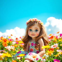 A cute girl with big expressive eyes, wearing a colorful sundress adorned with floral patterns, sitting in a sunlit garden filled with blooming flowers