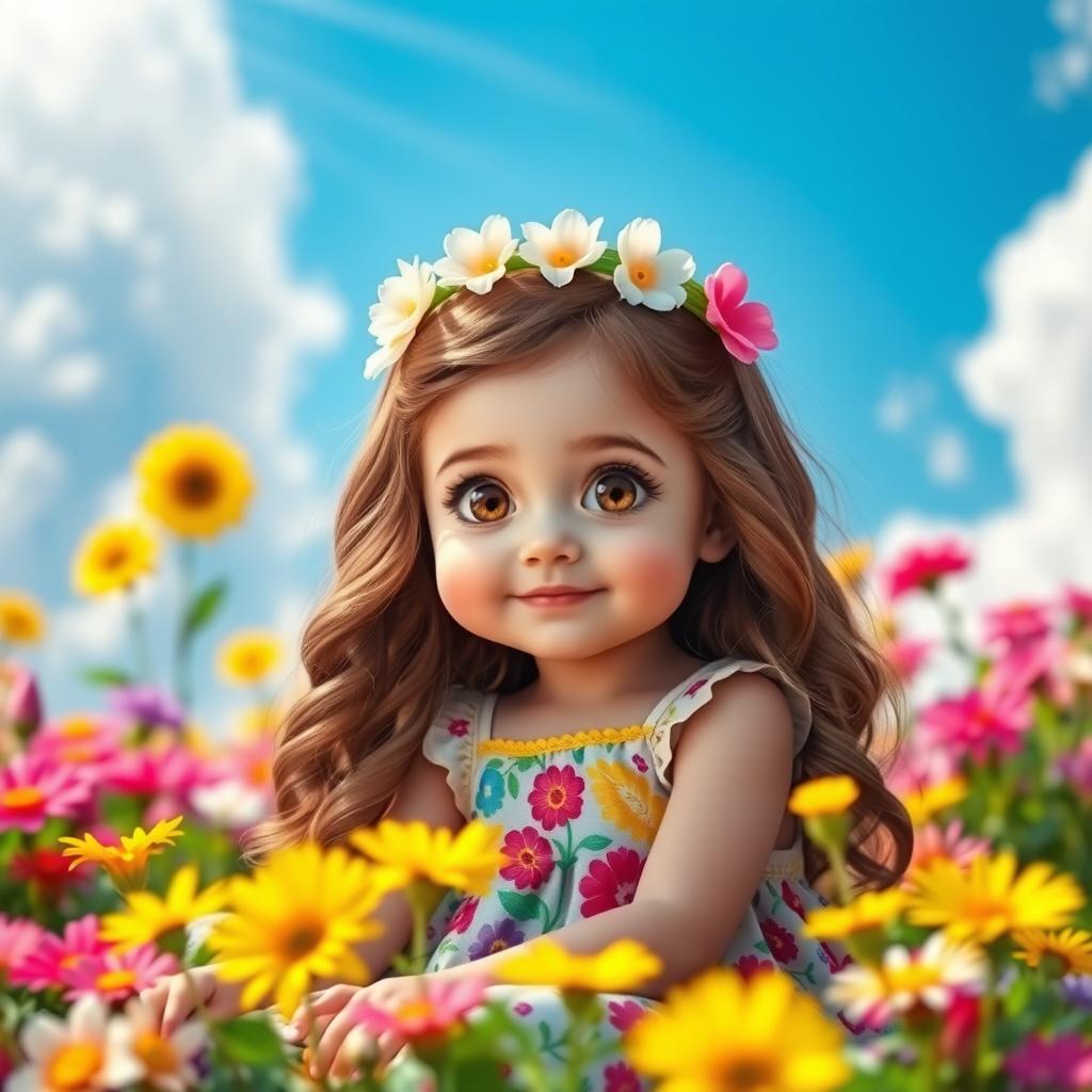 A cute girl with big expressive eyes, wearing a colorful sundress adorned with floral patterns, sitting in a sunlit garden filled with blooming flowers