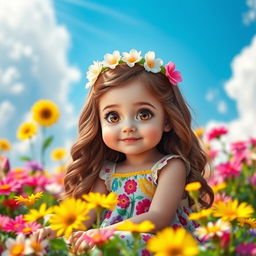 A cute girl with big expressive eyes, wearing a colorful sundress adorned with floral patterns, sitting in a sunlit garden filled with blooming flowers