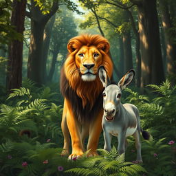 A vibrant scene featuring a lion and a donkey in a dense, green forest