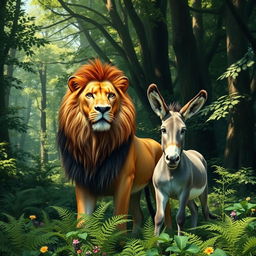 A vibrant scene featuring a lion and a donkey in a dense, green forest