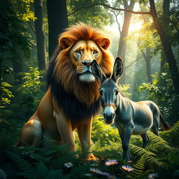 A vibrant scene featuring a lion and a donkey in a dense, green forest