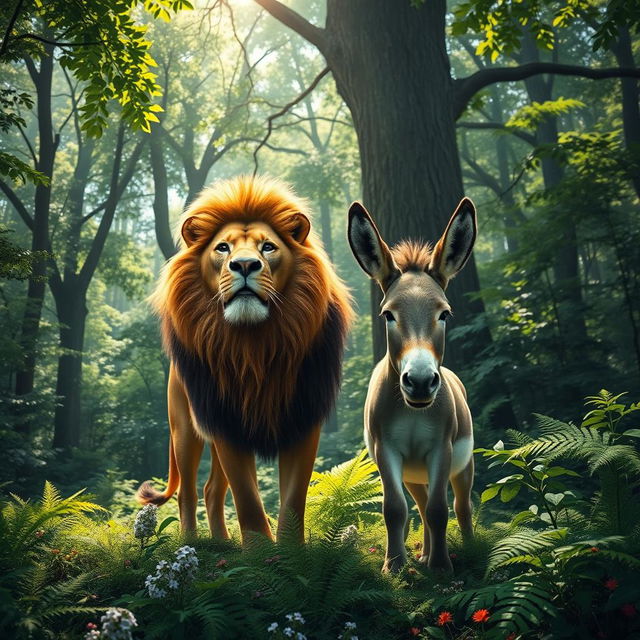 A vibrant scene featuring a lion and a donkey in a dense, green forest