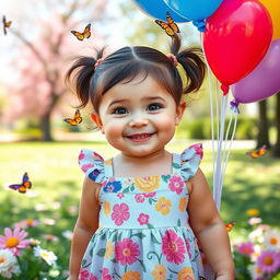 A cute chubby girl with a big smile, wearing a colorful dress with floral patterns, her hair in playful pigtails, standing in a sunny park surrounded by blooming flowers and butterflies