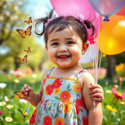 A cute chubby girl with a big smile, wearing a colorful dress with floral patterns, her hair in playful pigtails, standing in a sunny park surrounded by blooming flowers and butterflies