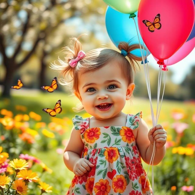 A cute chubby girl with a big smile, wearing a colorful dress with floral patterns, her hair in playful pigtails, standing in a sunny park surrounded by blooming flowers and butterflies