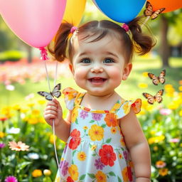 A cute chubby girl with a big smile, wearing a colorful dress with floral patterns, her hair in playful pigtails, standing in a sunny park surrounded by blooming flowers and butterflies