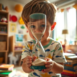 A young boy curiously holding an hourglass, with grains of sand flowing from the top to the bottom, depicting a moment of wonder and exploration