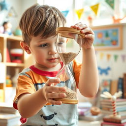 A young boy curiously holding an hourglass, with grains of sand flowing from the top to the bottom, depicting a moment of wonder and exploration