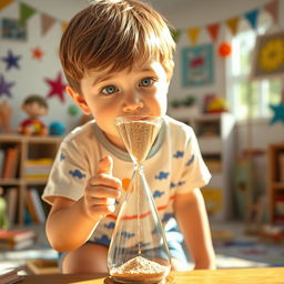 A young boy curiously holding an hourglass, with grains of sand flowing from the top to the bottom, depicting a moment of wonder and exploration