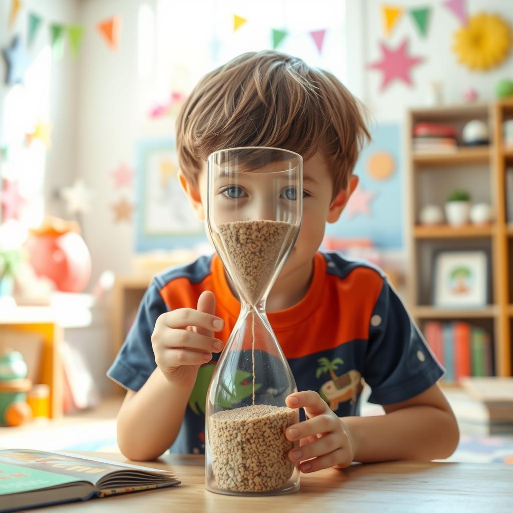 A young boy curiously holding an hourglass, with grains of sand flowing from the top to the bottom, depicting a moment of wonder and exploration