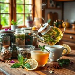 A soothing and inviting scene centered around herbal teas and infusions that promote health and wellness