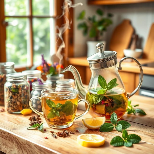 A soothing and inviting scene centered around herbal teas and infusions that promote health and wellness