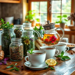 A soothing and inviting scene centered around herbal teas and infusions that promote health and wellness