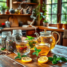 A soothing and inviting scene centered around herbal teas and infusions that promote health and wellness