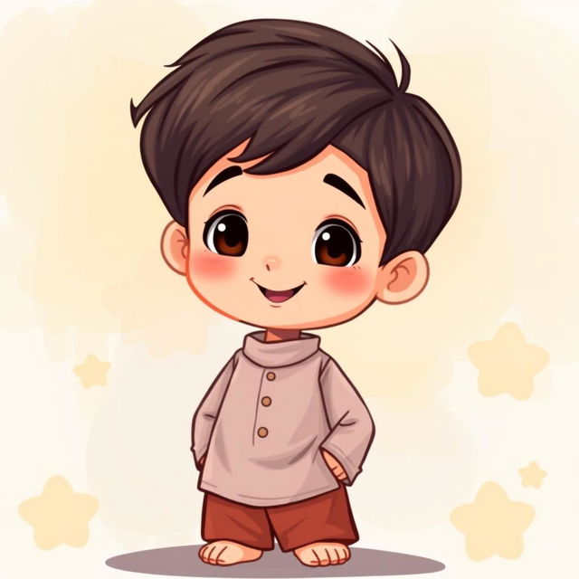 A cute cartoon illustration of a Muslim boy standing and smiling