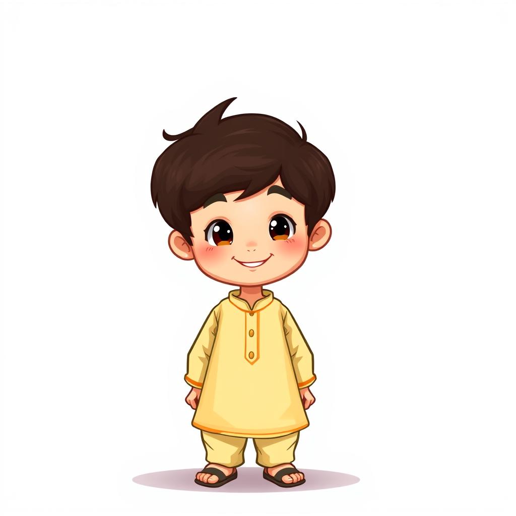 A cute cartoon illustration of a Muslim boy standing and smiling